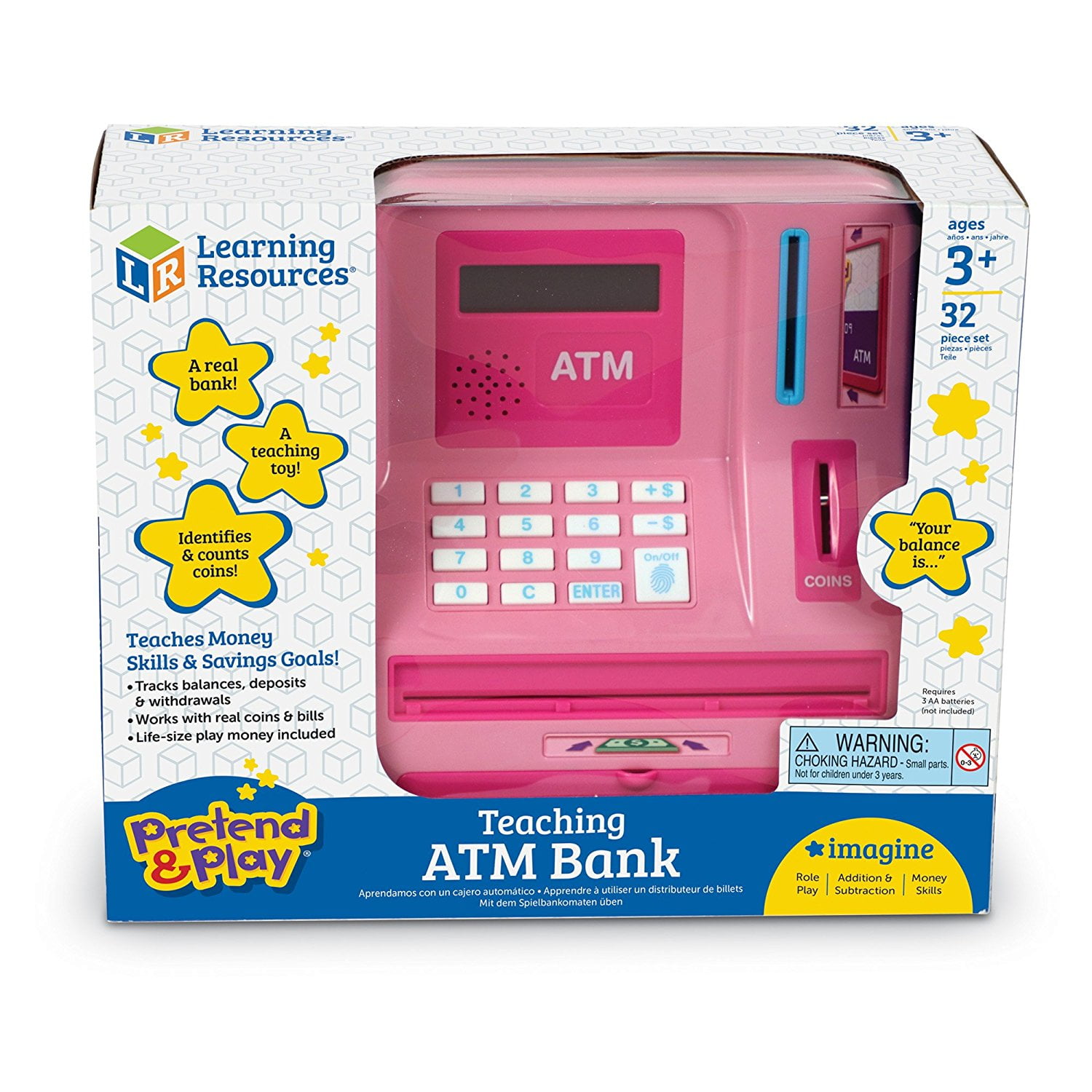 Learning Resources Teaching ATM Bank, Pink - Toddler Educational Toy for Money Skills, Ages 3+