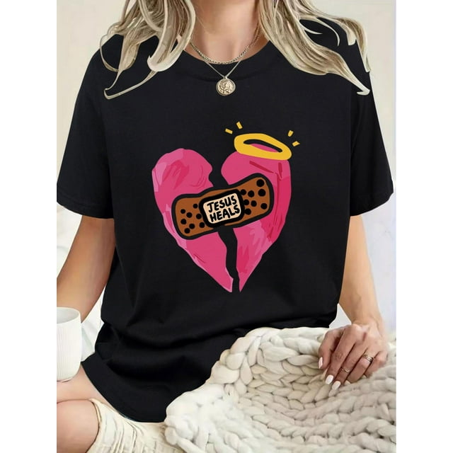 T-Shirt Graphique Décontracté Cœur & Croix pour Femmes, Manches Courtes, Col Rond avec Imprimé "Jesus Heals", Parfait pour Printemps/été, T-Shirts pour Adultes, Hommes, Femmes, Adolescents, Adolescentes, Adolescentes