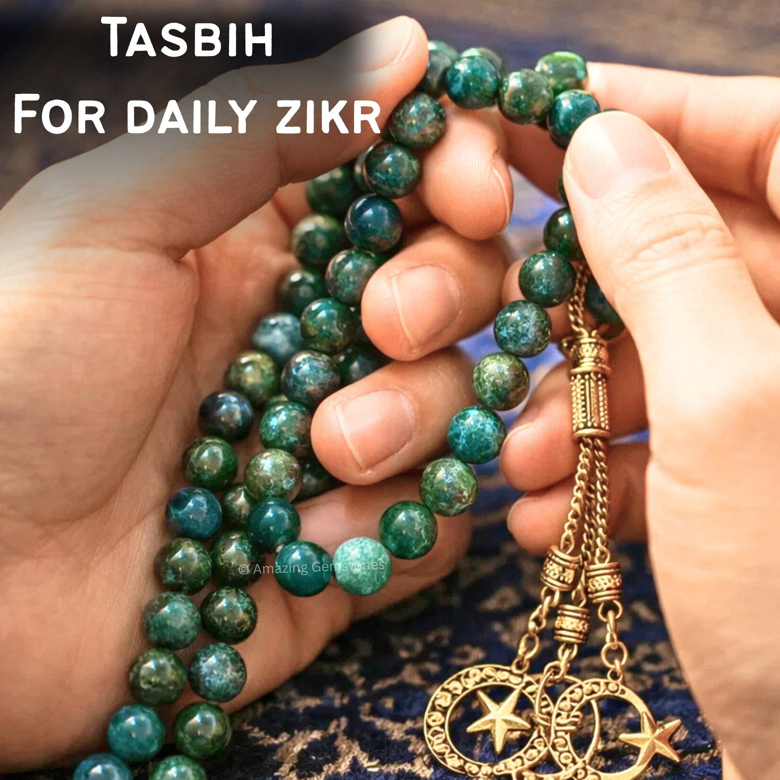 Moss Agate Crystal Tasbeeh Prayer Beads, Muslim Islamic Tasbih for Dhikr, Namaz and Ramadan Gift (Golden)