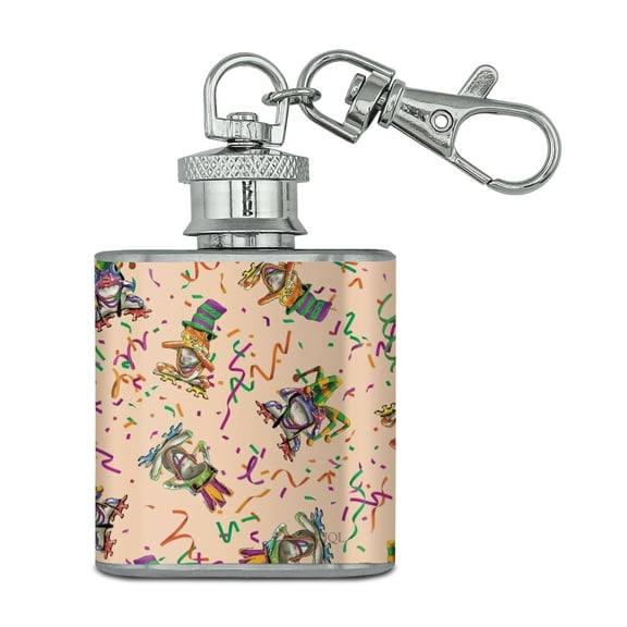 Mardi Gras Party Frogs See No Evil Hear Speak Pattern Stainless Steel 1oz Mini Flask Key Chain
