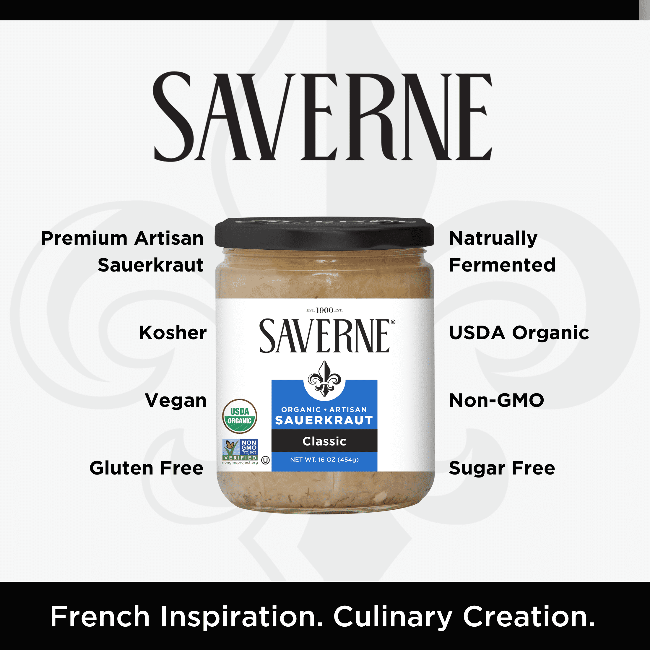 Saverne Organic Naturally Fermented Shredded Sauerkraut, 16 oz Jar