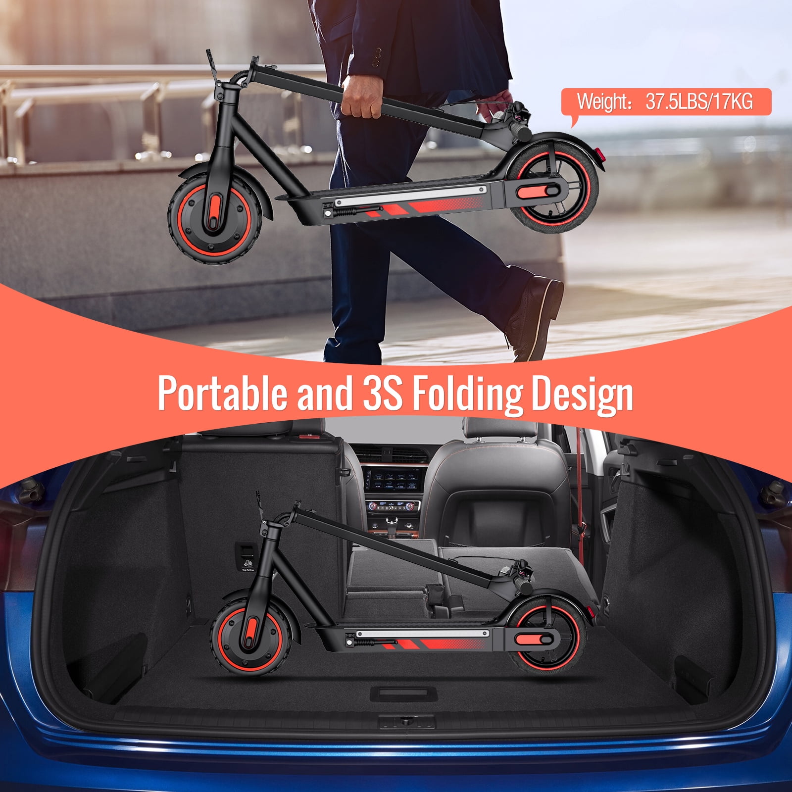 600W Electric Scooter for Adults, Up to 25MPH and 22-30Miles Long-Range, 10'' Air Tires, Foldable Commuting Escooter with Double Braking System and App Red