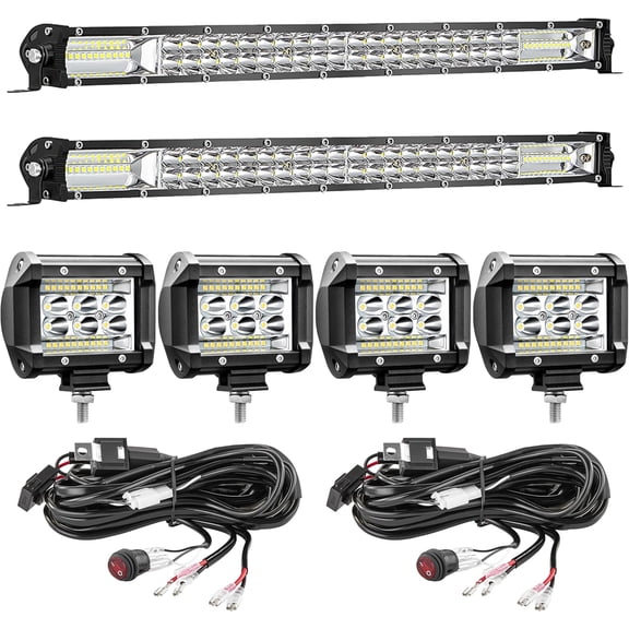 HUICHENG LED Light Bar Kit with (2) 20 Inch Slim Light Bars, (4) 4 Inch Pod Lights, (2) Wiring Harness, 24V ATV Tractor LED Work Lights for Truck Offroad Driving [24V ONLY]
