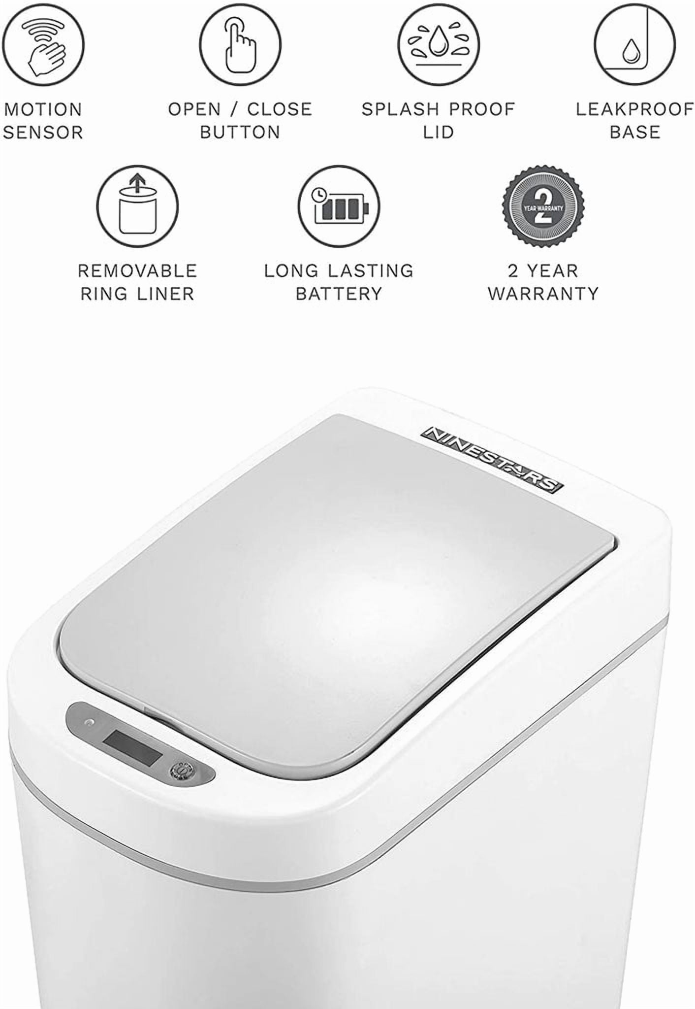 Nine Stars Automatic Bathroom Trash Can, 2 Gallon Plastic, Motion Sensor Garbage Bin with Soft Close Lid, White, 2 pack
