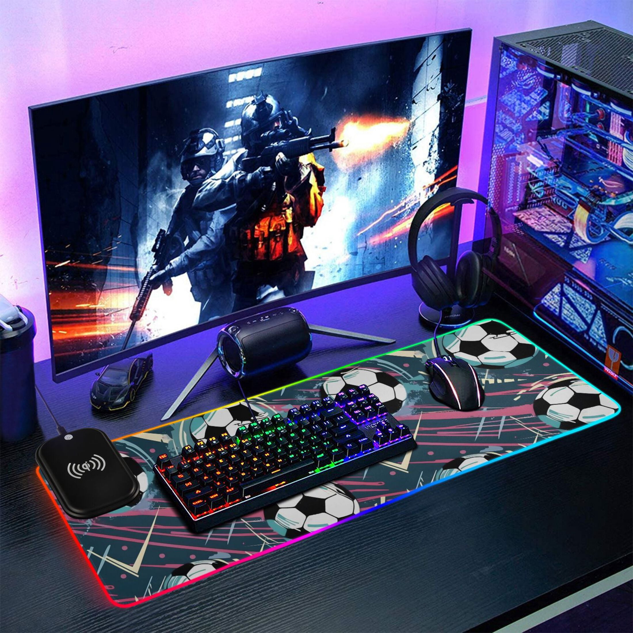 Wireless Charging Mouse Pad Large RGB Gaming Desk Mat 13 Light Modes Mousepad 31.5x11.8 Soccer Balls