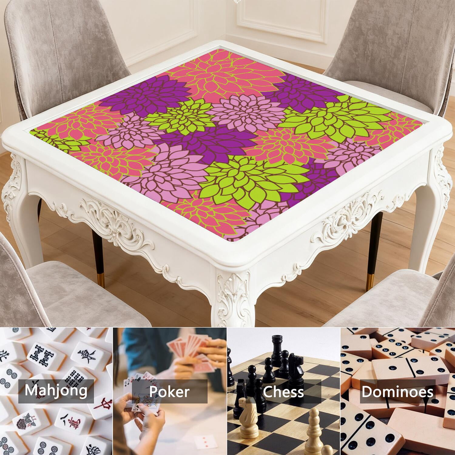 Traditional Boho Style Rubber Game Room Cover 31.5 Inch Square Large Mahjong Table Mat with Non-Slip Backing and Noise Dampening for Tiles and Cards