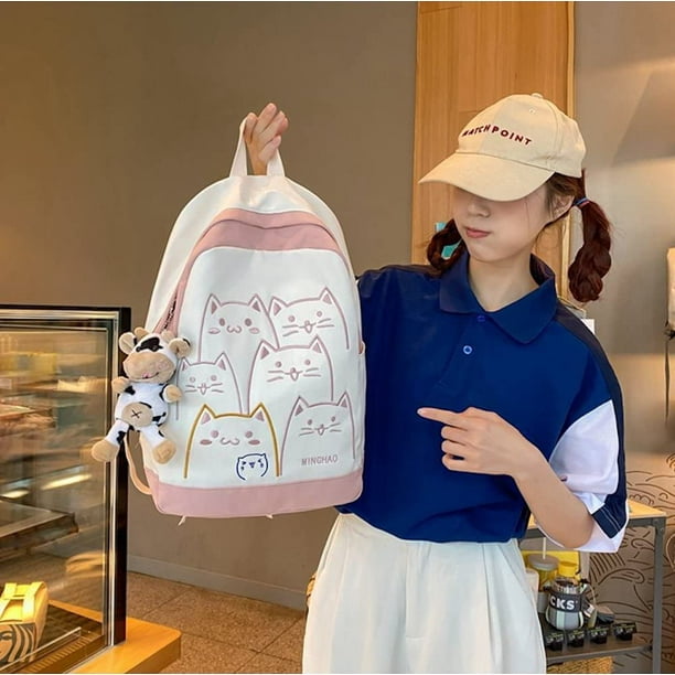 Kawaii Backpack with Plushies Japanese Cats Preppy Backpack Cute Aesthetic  Backpack for Teen Girls Back to School Supplies (Pink) 