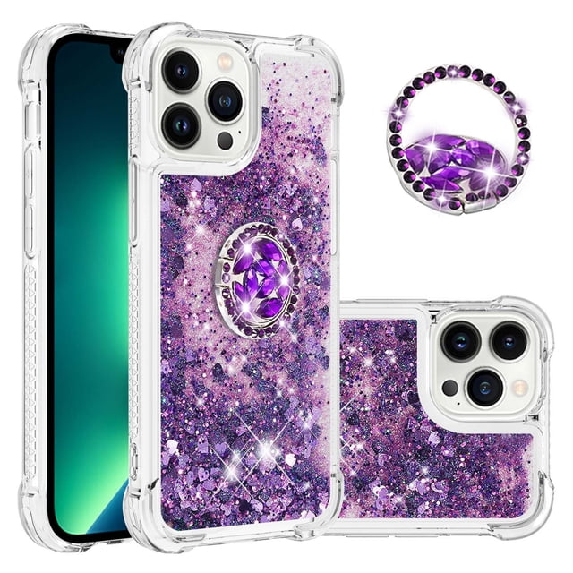 Funda para iPhone 14 Pro Max con Brillo Líquido Flotante, Purpurina, Parachoques y Anillo Giratorio Soporte
