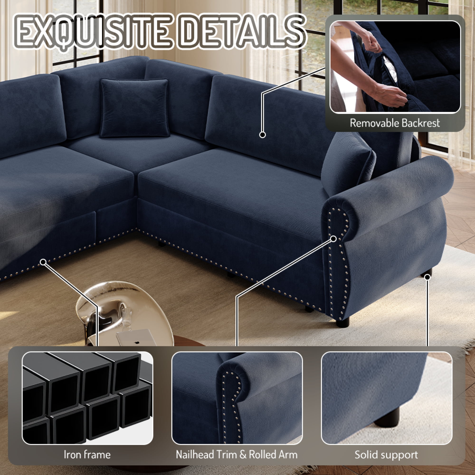 LLappuil Sectional Sofa, Pull Out Sofa Bed King Size, 5 Seat Chenille Sofa Couch Convertible Sleeper Sofa Bed for Living Room Blue