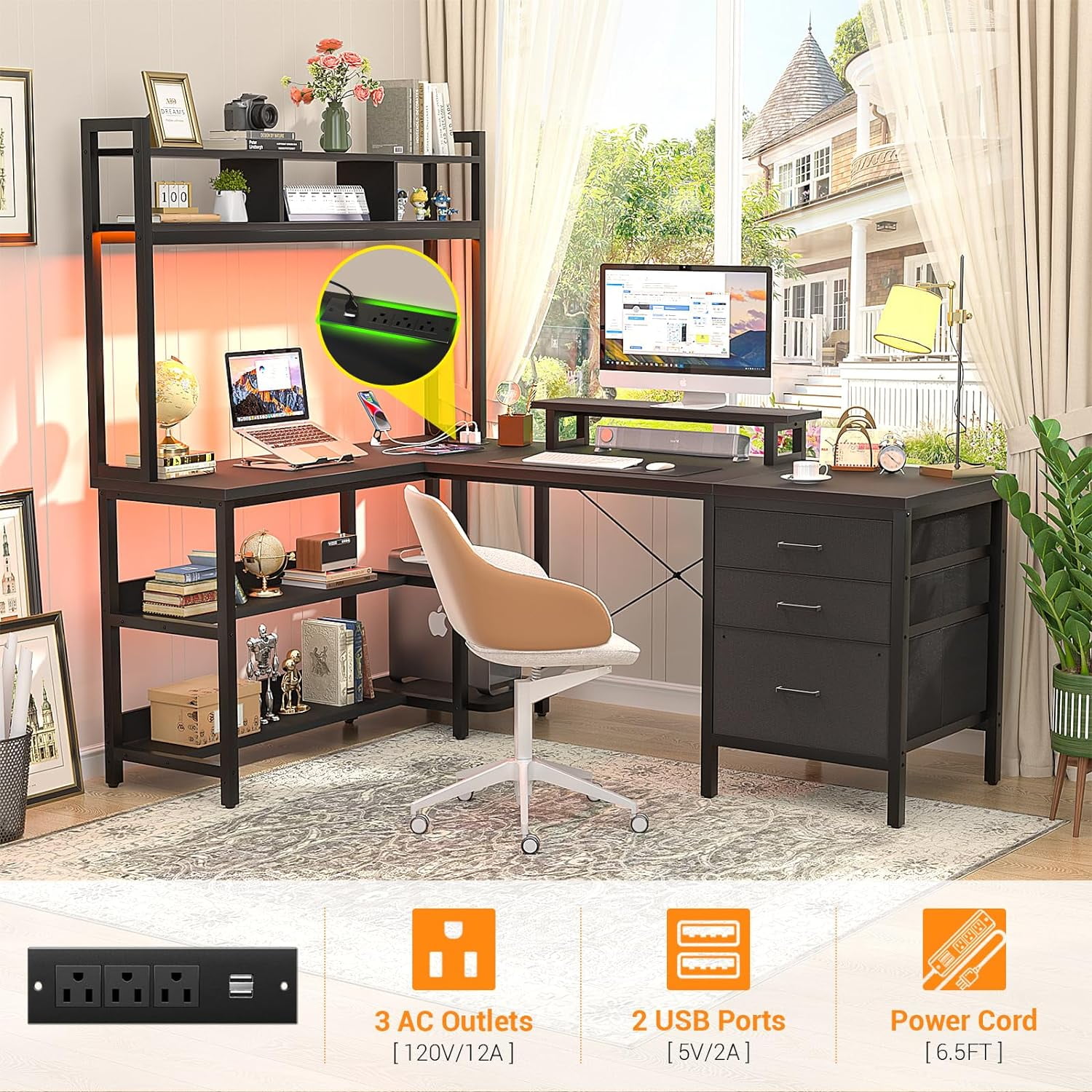 Homieasy 58.7'' L Shaped Computer Desk with Hutch, Power Outlets, LED Lights & Storage Drawers, for Home & Office, Black