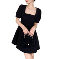 thumbnail image 1 of Vestido corto con mangas abullonadas, lindo, elegante, color puro, ribete con lazo, mangas cortas, vestido abombado para verano, 1 of 8