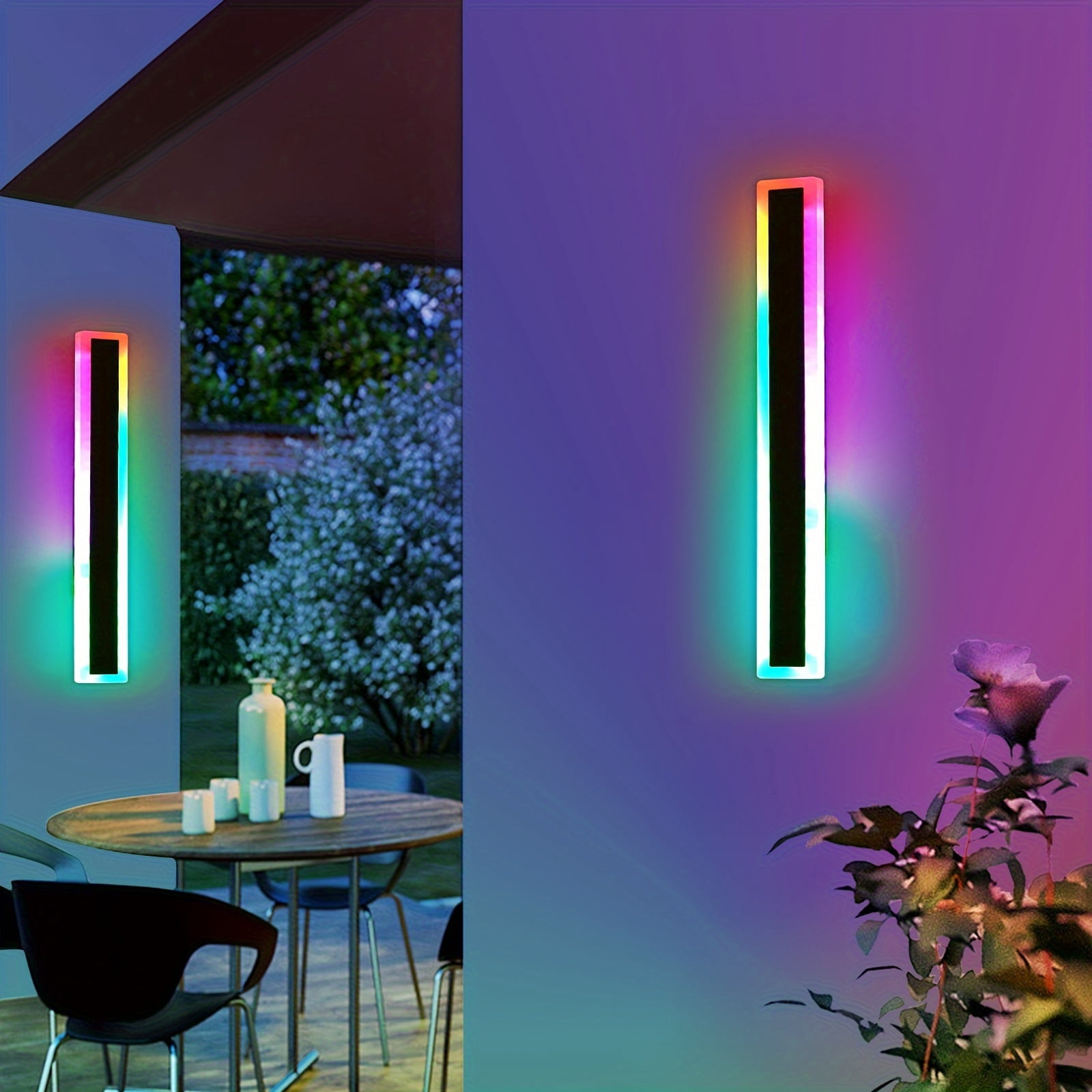2pcs Outdoor RGB Long Wall Lights – Dimmable LED Wall Sconces with Remote & App Control, Matte Metal Finish for Patio, Garden, Indoor & Outdoor Decor