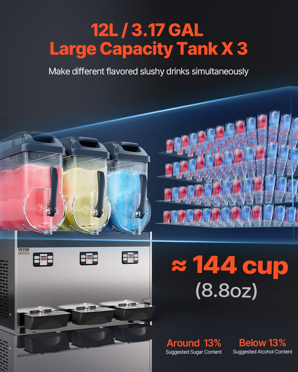 VEVOR Commercial Slushy Machine, 12Lx3 Triple Tank Frozen Drink Machine, 144 Cups Stainless Steel Margarita Smoothie Frozen Drink Maker, Slushie Maker