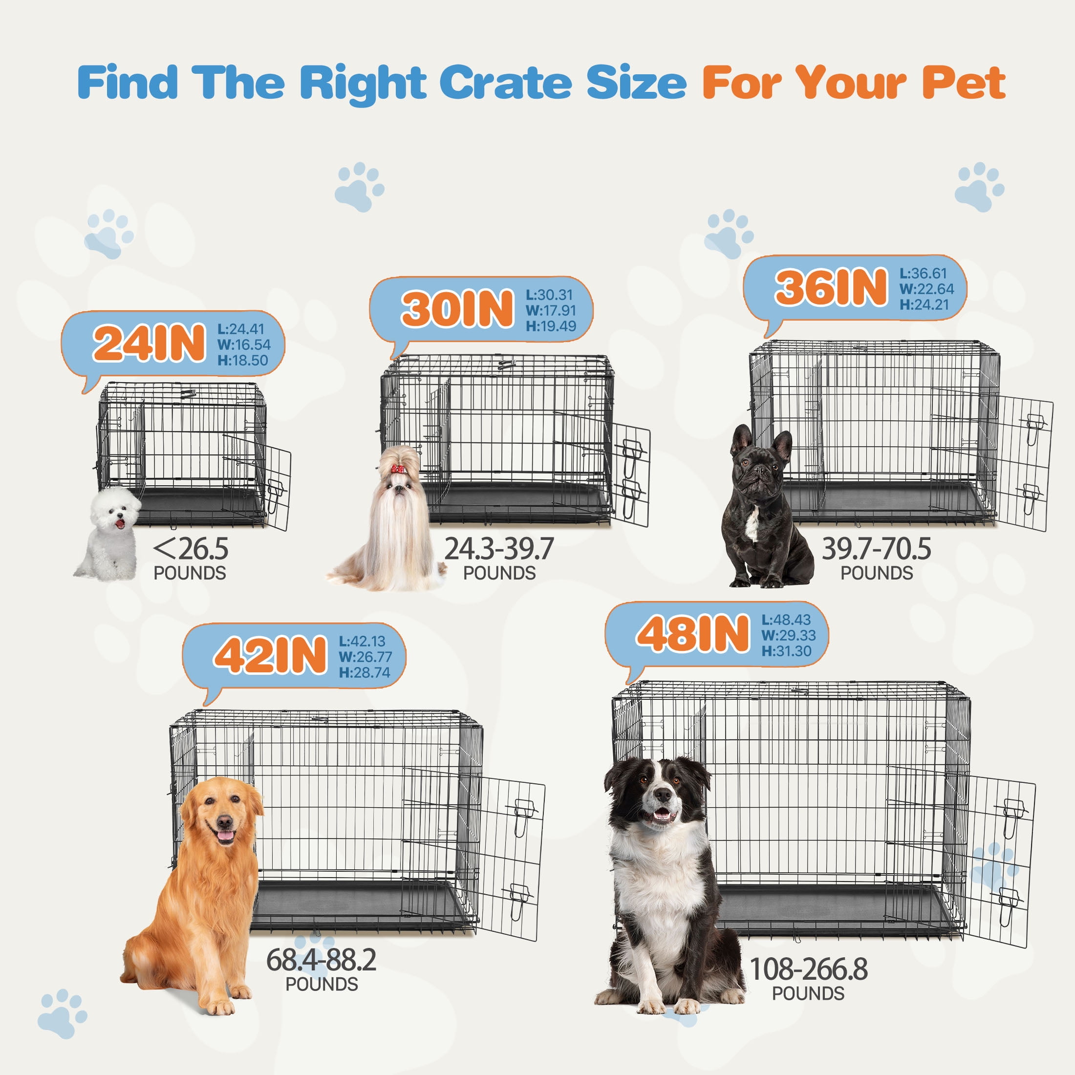 EDX Small Dog Crate with Divider Panel, 24" Double Door Folding Metal Wire Dog Cage with Plastic Leak-Proof Pan Tray
