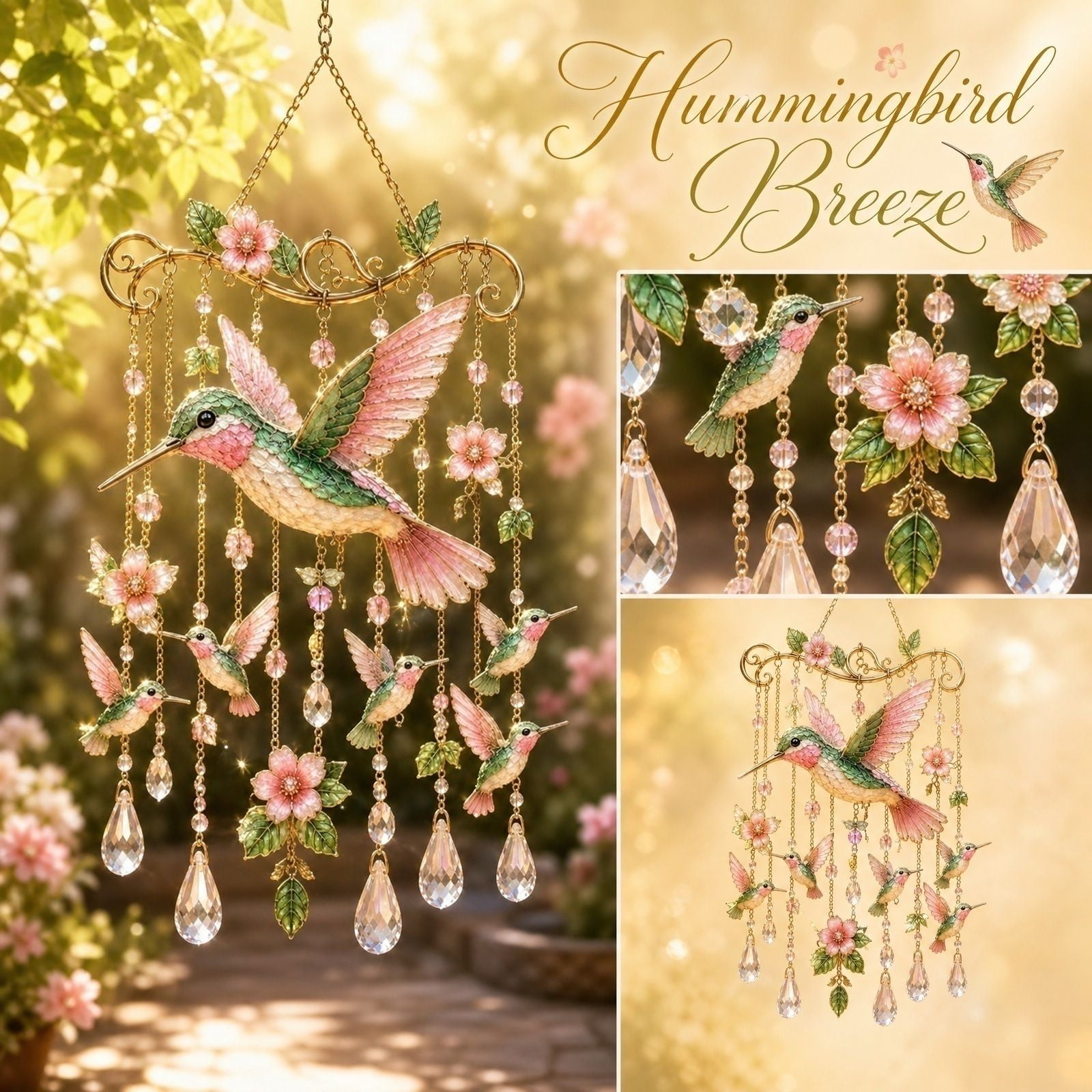 Graceful Hummingbird Wind Chime Wind Chimes for Outside Acrylic Stained Glass & Crystal Sun Catcher Windchime Pink Bird Yard Decorations Outdoor Memorial Gardening Gift for Women Grandma