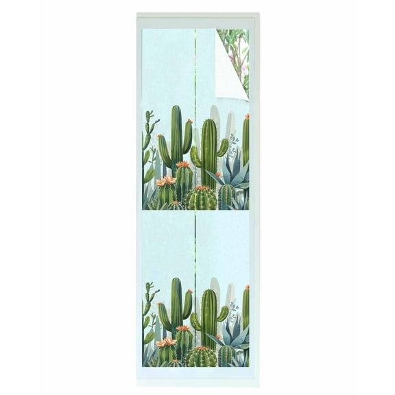 Window Privacy Film Green Cactus Stained Glass Window Film Decorative Sun Block Window Cover Watercolor Summer Botanical Blue Window Clings Static Adhesive Sticker for Bathroom 23.6"x78.7"