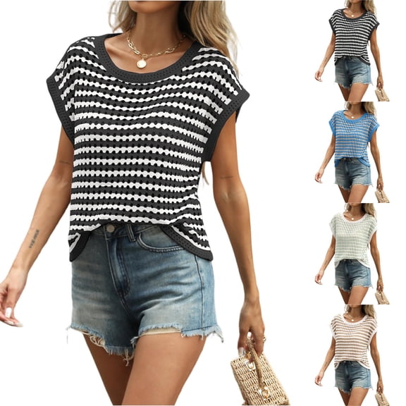 Stichou Women's Short Sleeve Sweater Summer Striped Crochet Tops Casual Cap Sleeve Crewneck Knit 2026 Sweater Vest T-Shirts Black S