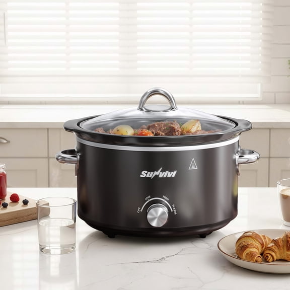 SUNVIVI Small Slow Cooker 4QT, Mini Food Warmer with 3 Heating Settings, Removable Ceramic Pot, Dishwasher Safe Glass Lid, Stainless Steel
