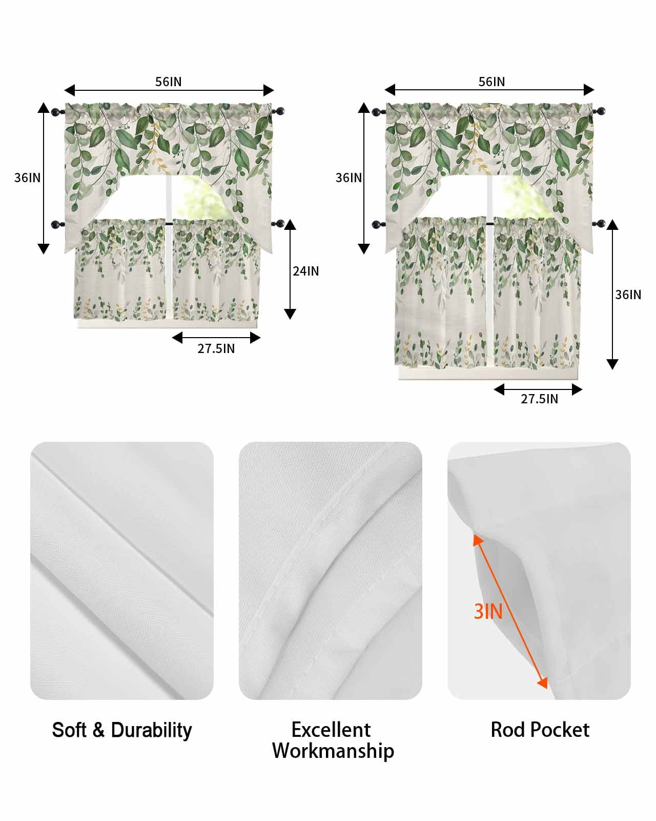 Sage Green Eucalyptus Kitchen Curtains Sets for Windows 3 Piece, Farmhouse Weeping Leaves Linen Kitchen Curtains and Valances Tier Set 36 Inch Length Swag Curtain for Living Room Cafe Bathroom