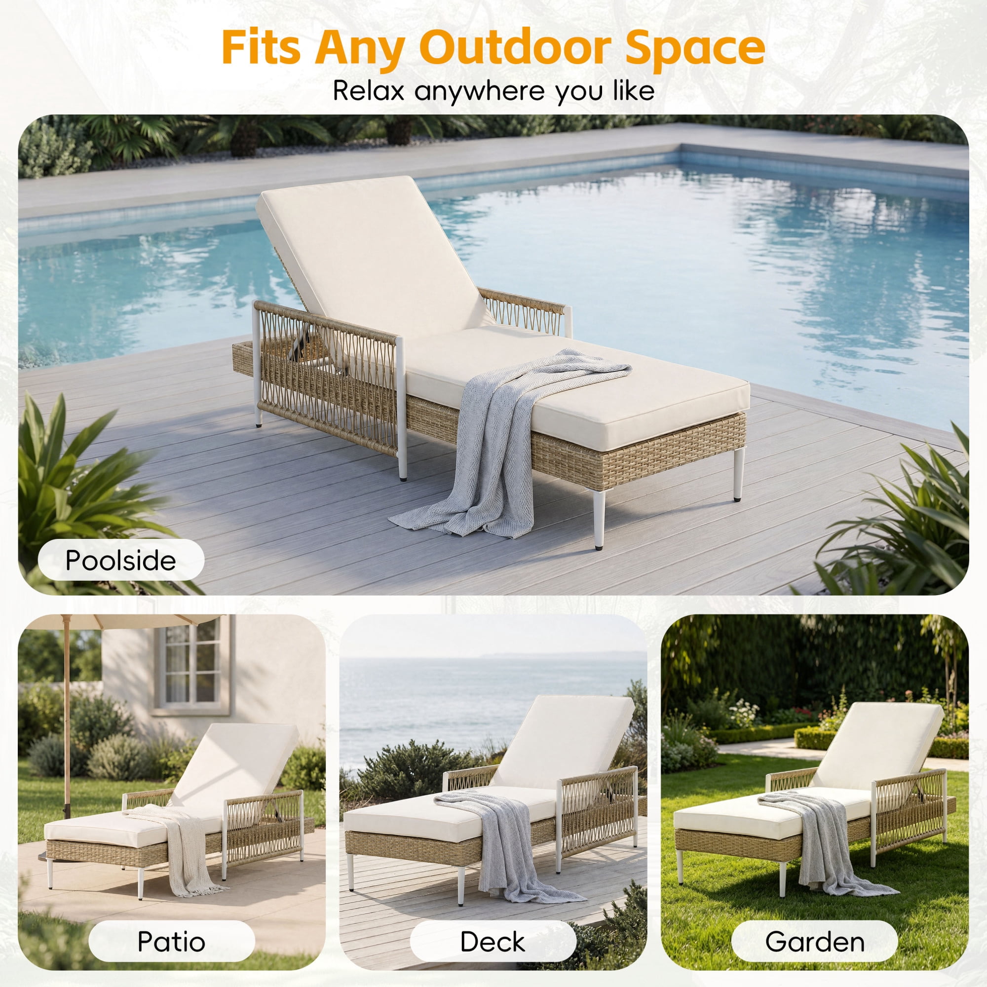 Leumius Set of 2 Outdoor Chaise Lounge, Minimalist All-Weather Patio Wicker Lounge Chair with 6 Gear Adjustable Recliner, Arms and Cushion for Poolside, Deck Beige