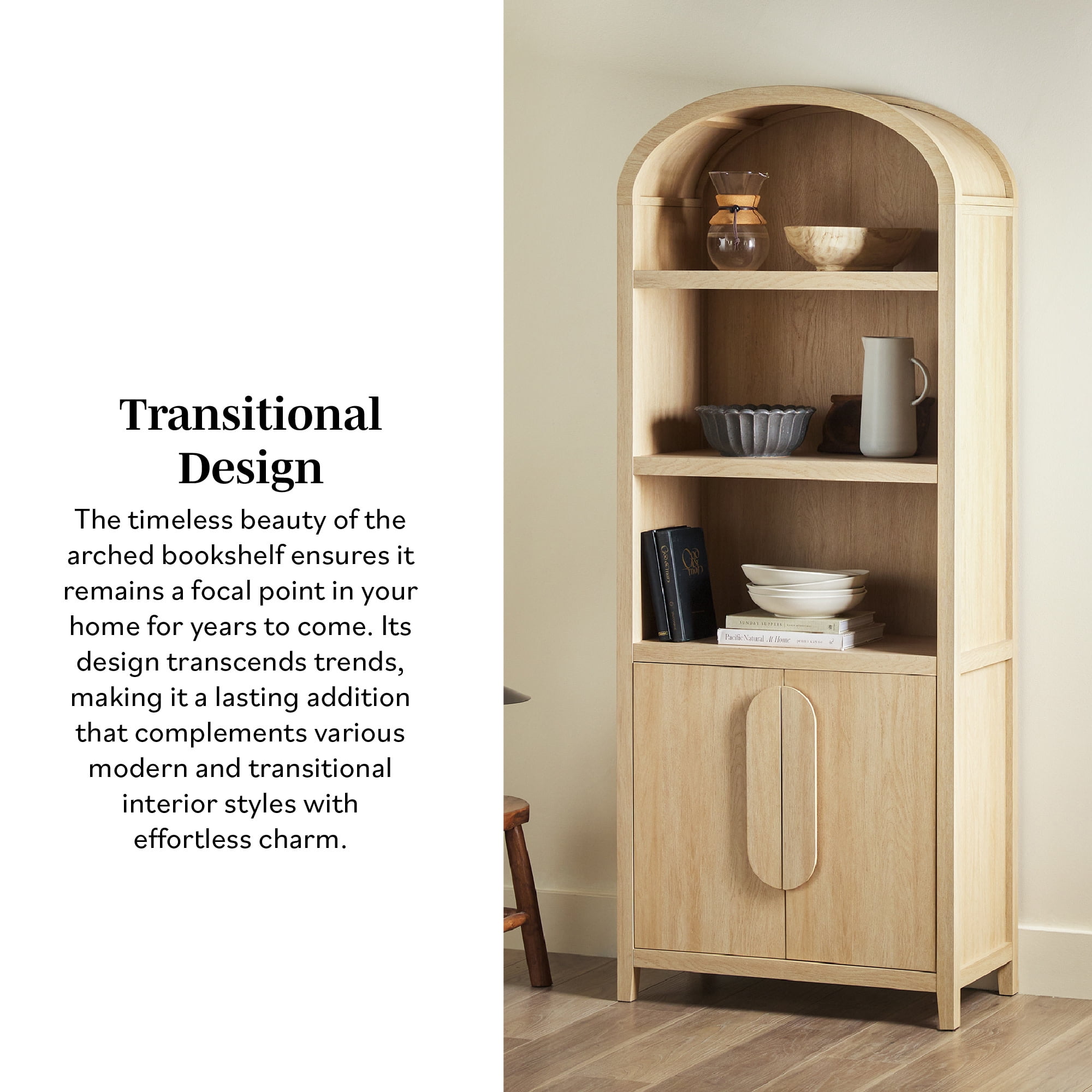 Walker Edison Modern 3 Shelf Open Arched Bookcase Cabinet, Coastal Oak