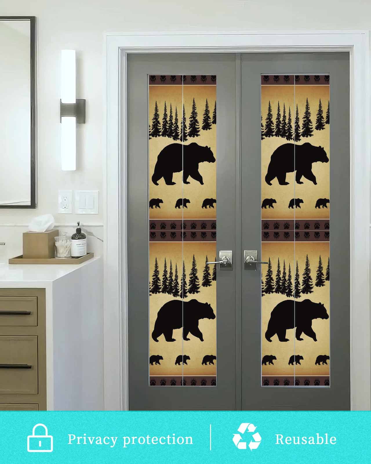 Window Privacy Film Black Bear Stained Glass Window Film Decorative Sun Block Window Cover Vintage Animals Farmhouse Pine Brown Forest Window Clings Static Adhesive Sticker for Bathroom 17.7"x78.7"