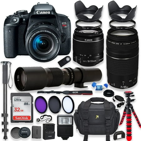 Canon EOS Rebel T7i DSLR Camera with 18-55mm STM Lens Bundle + Canon EF 75-300mm f/4-5.6 III Lens and 500mm Preset Lens + 32GB Memory + Filters + Monopod + Spider Tripod + Professional Bundle