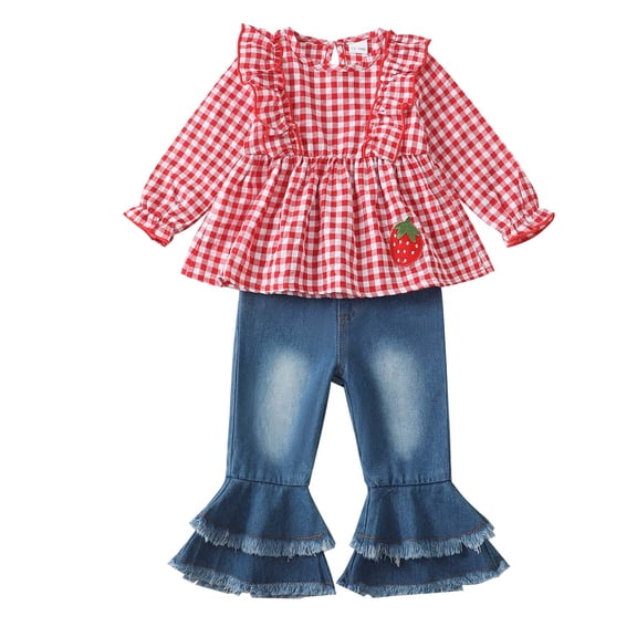 Kucnuzki 18 Months Infant Baby Girl Outfit Set 24 Months Kid Child Clothes Ruffle Long Sleeves Plaid Print Top Strawberry Pullover Tops Flared Denim Pants Sets 2pcs Clothing Red