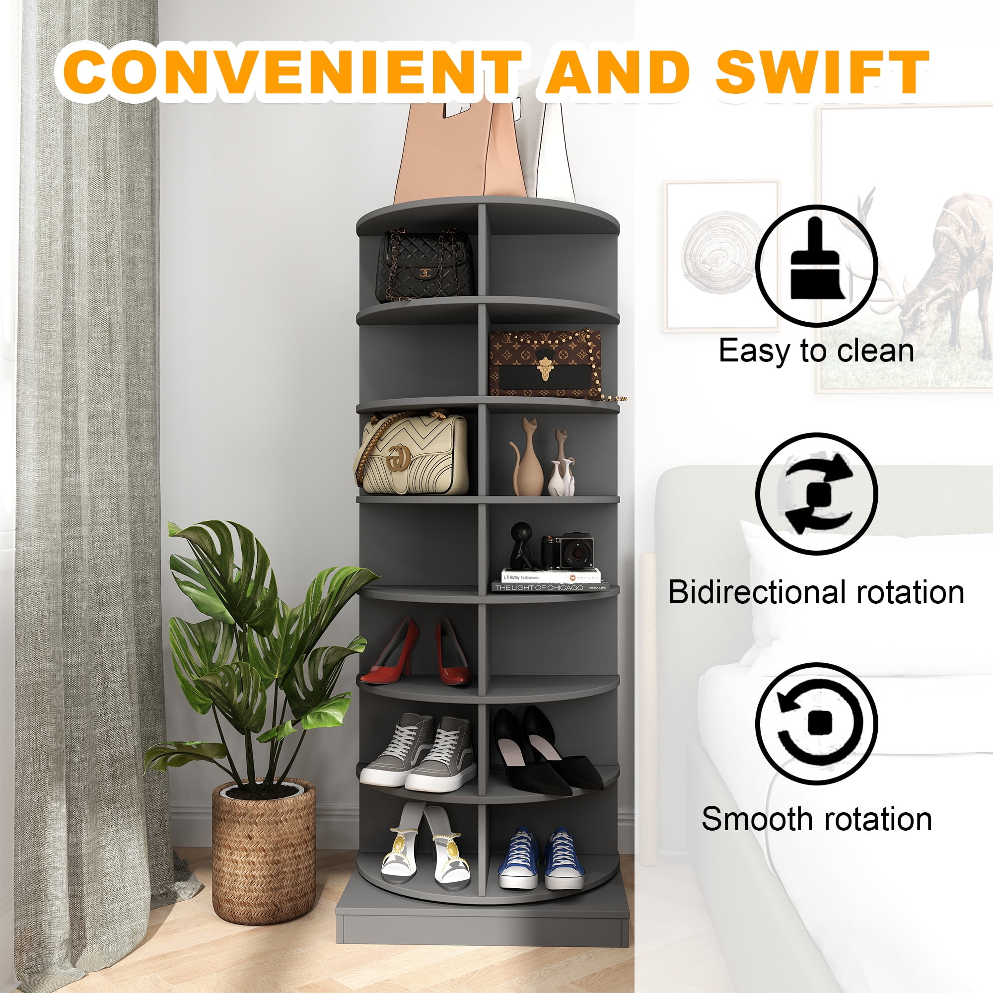 Aukfa 7-Tier Rotating Shoe Rack Tower Gray 360° Spinning