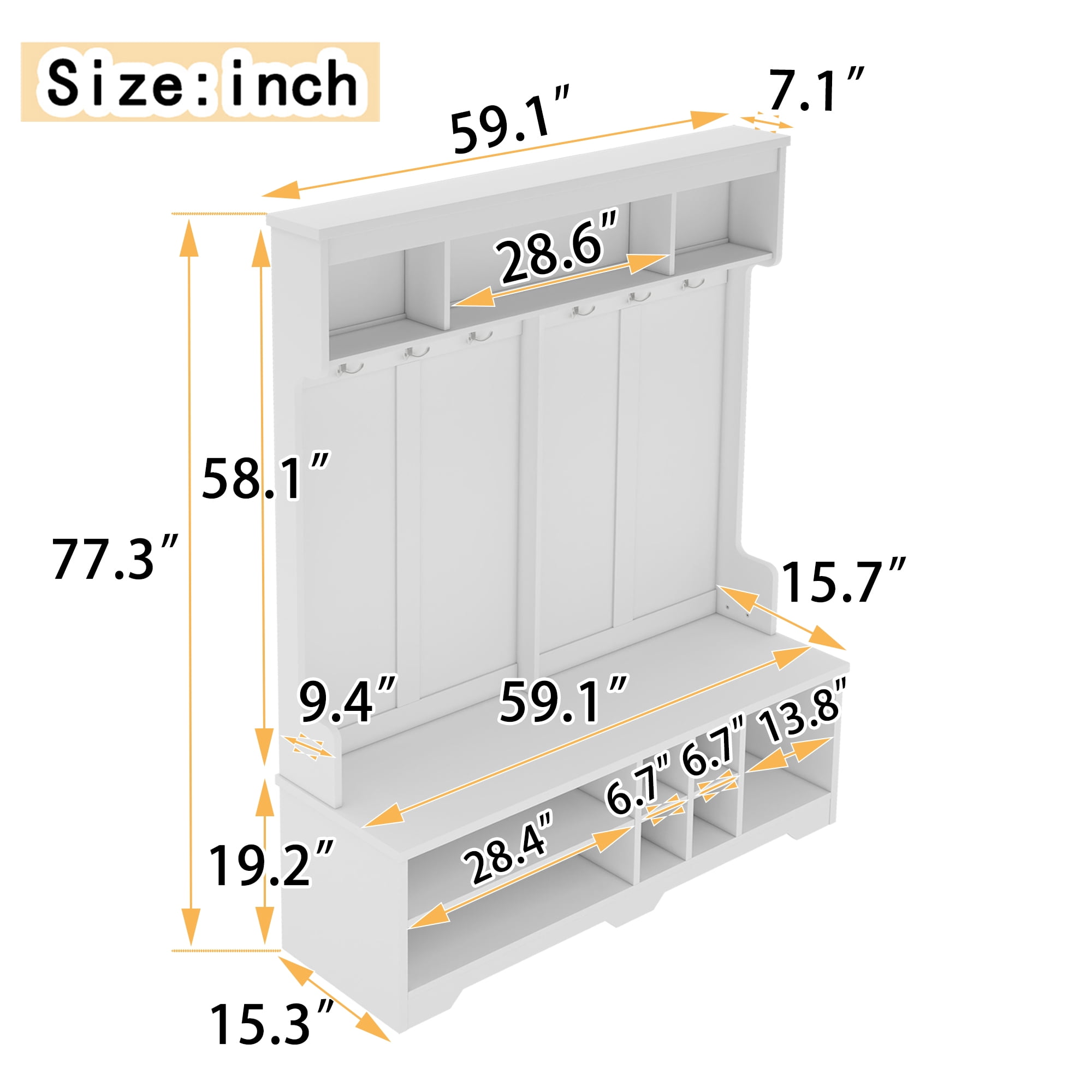 Mintazer Hall Tree with Coat Hooks, Multifunctional Entryway Shoe Storage Bench and Upper Open Cubbies for Living Room Mudroom Hallway, White