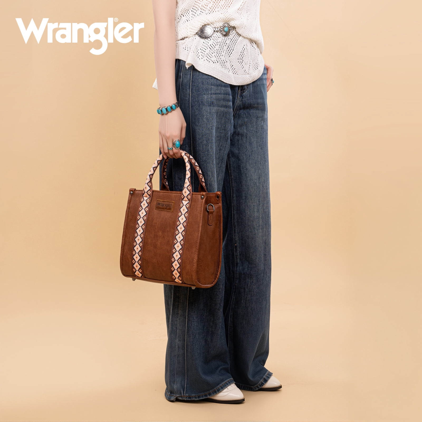 Wrangler Aztec Tote Bag for Women Boho Shoulder Purse, Cf-Dark brown