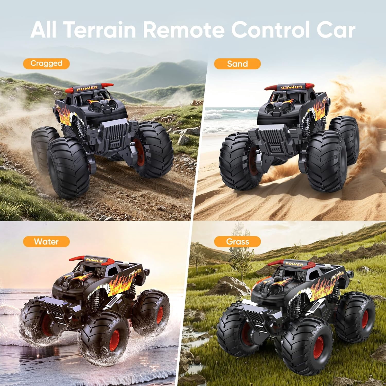 VKFVKF 1:16 Waterproof Remote Control Monster Truck - 4WD Amphibious All Terrain RC Car, Off-Road Toy Truck with Rechargeable Battery, Gift for Kids