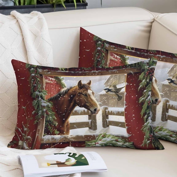 Christmas Pillow Covers King, Winter Pine Needles Horse Red Farmhouse Soft Brushed Microfiber Breathable Throw Pillow Covers, Decorative Pillowcase with Zipper for Couch Sofa Bedroom 20"x36"