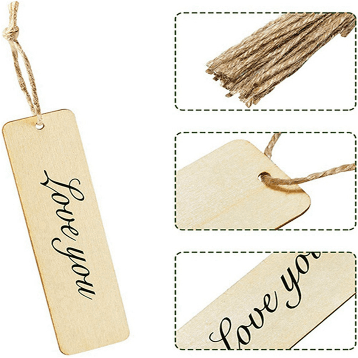300Pcs Wooden DIY Bookmark Blank Bookmarks with Ropes Wooden Book Markers Rectangle Thin Hanging Tag
