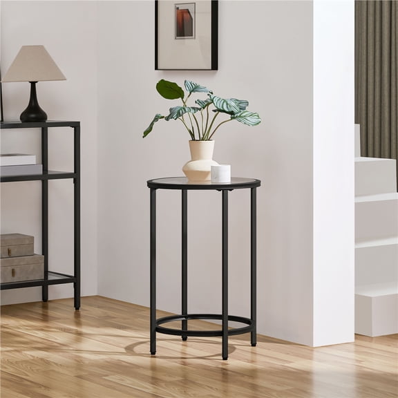 Yaheetech Round Glass Top Bedside Table End Table Accent Table with Metal Frame, Black