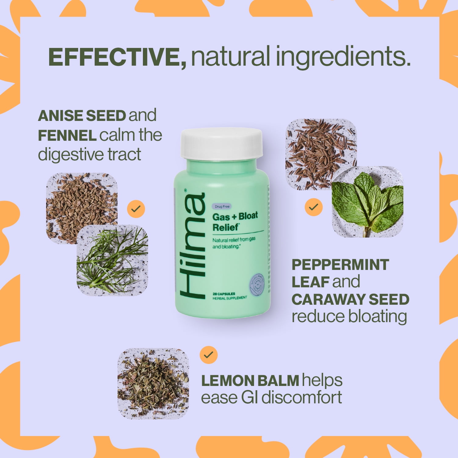 Hilma Natural Gas + Bloat Relief Herbal Supplement Vegan Capsules, Doctor Formulated, Unisex, 28 Count