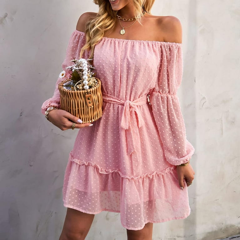 Hfyihgf Womens Tie Waist Ruffle Dress Off Shoulder Lantern