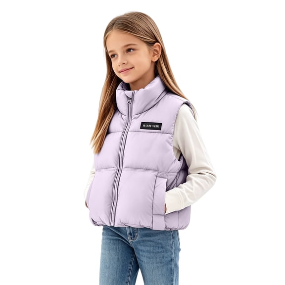 YunPes Puffy Puffer Vest for Girls Lightweight Warm Trendy Quilted Gilet Stand Collar Zip-Up Sleeveless Jacket Coat Teen Winter Thick Outerwear