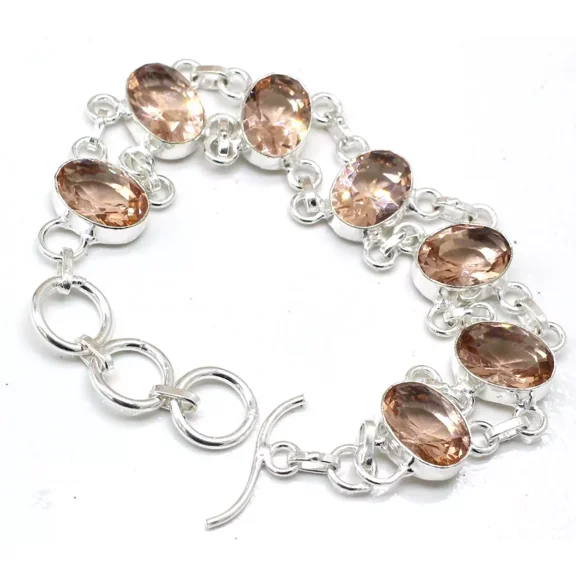 Peach Morganite Gemstone 925 Sterling Silver Handmade Jewelry Bracelet Size-7-8"