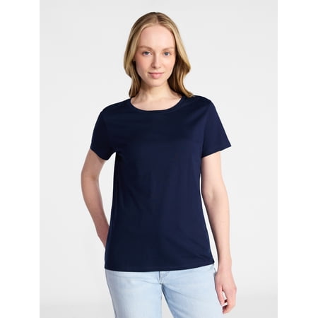 Time and Tru Women's Cotton Crewneck Tee with Short Sleeves, Sizes XS-XXXL