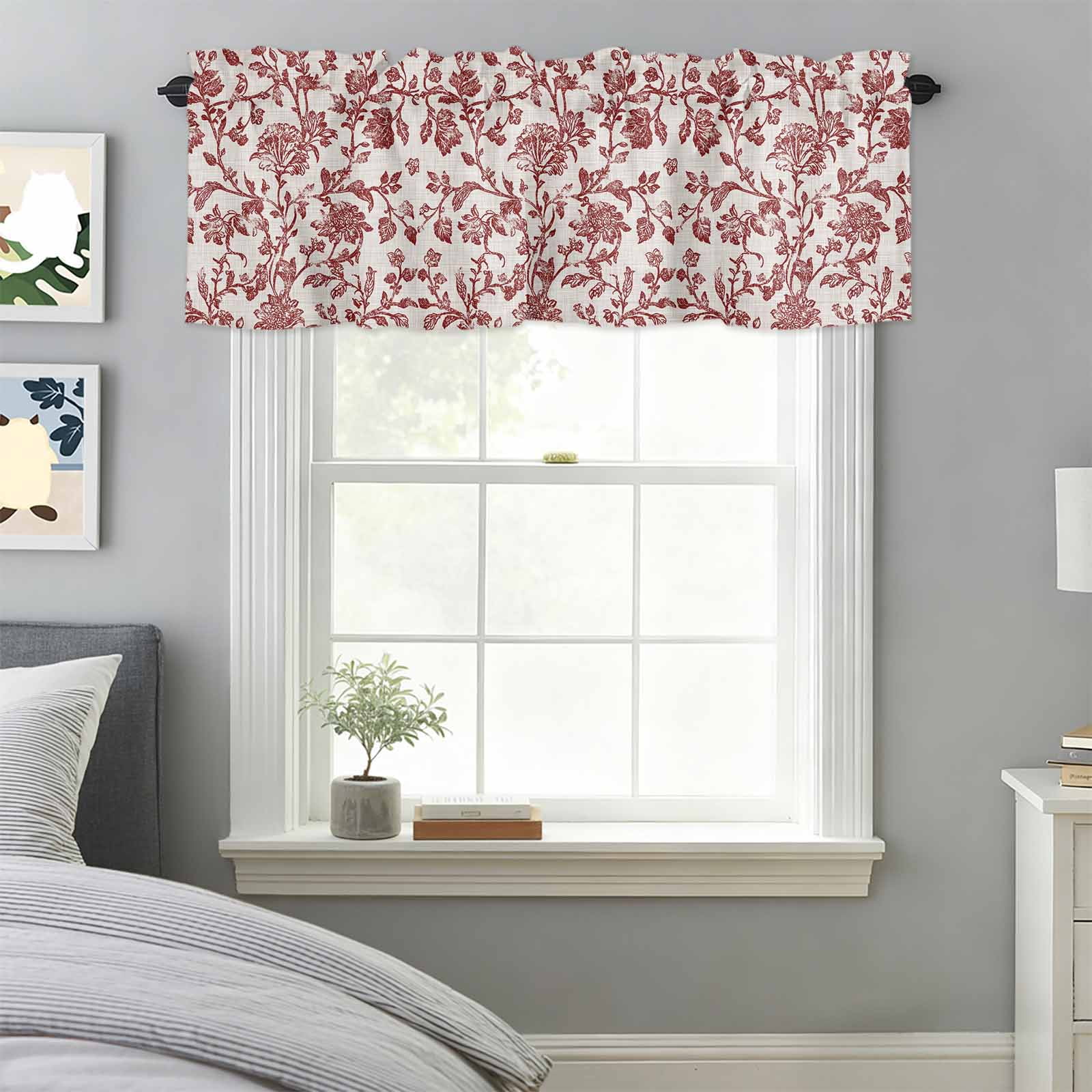 Curtain Valance for Windows, Vintage Rustic Red Flower on Linen Kitchen Valances Rod Pocket Short Curtains, Farm Floral Plant Pattern Window Valance for Bedroom Bathroom Living room 60x18in
