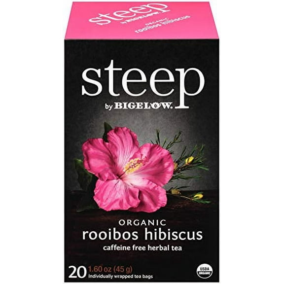 Pack of 2 - Steep Organic Rooibos Hibiscus Herbal 20 Count Box, Certified Organic, Gluten-Free, Kosher Tea In Foil-Wrapped Bags