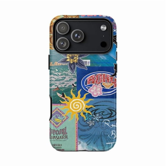 Blue Summer Vacation Phone Case, Surfer Ocean Sun Logo Collage Art, Durable Protective Cover for iPhone 17 16 15 14 13 12 11 Pro Plus Mini