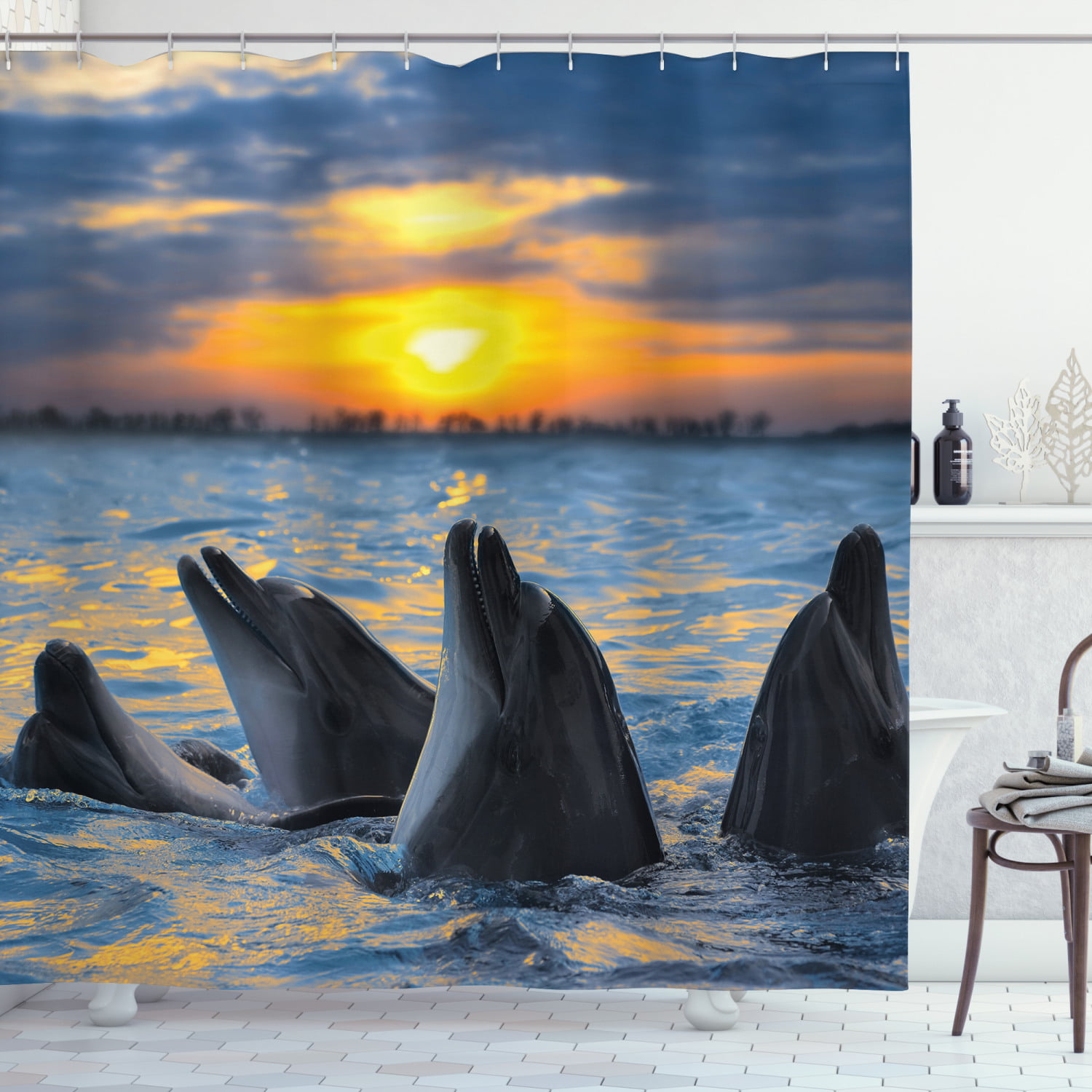 60x72" 100% Polyester Waterproof Fabric Dolphin Hole Shower Curtain Peel Panel 1 
