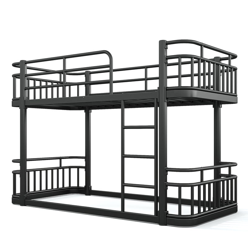 Twin XL over Twin XL Bunk Bed with Built-in Ladder & Safe Guardrails, Curved-Edge Sleek Metal Bed Frame with No Slat Floor Bed
