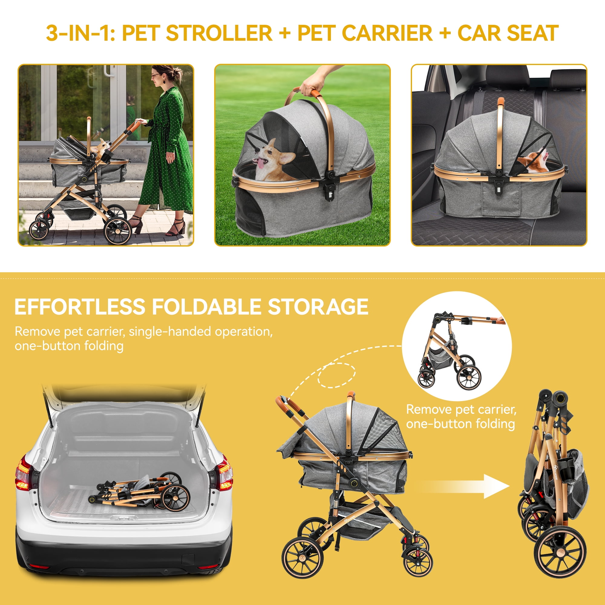 Dextrus 3-in-1 Dog Stroller with Detachable Storage Basket, Foldable Design & 360° Rotating Wheels – Ideal Pet Stroller for Small to Medium Dogs and Cats, Grey