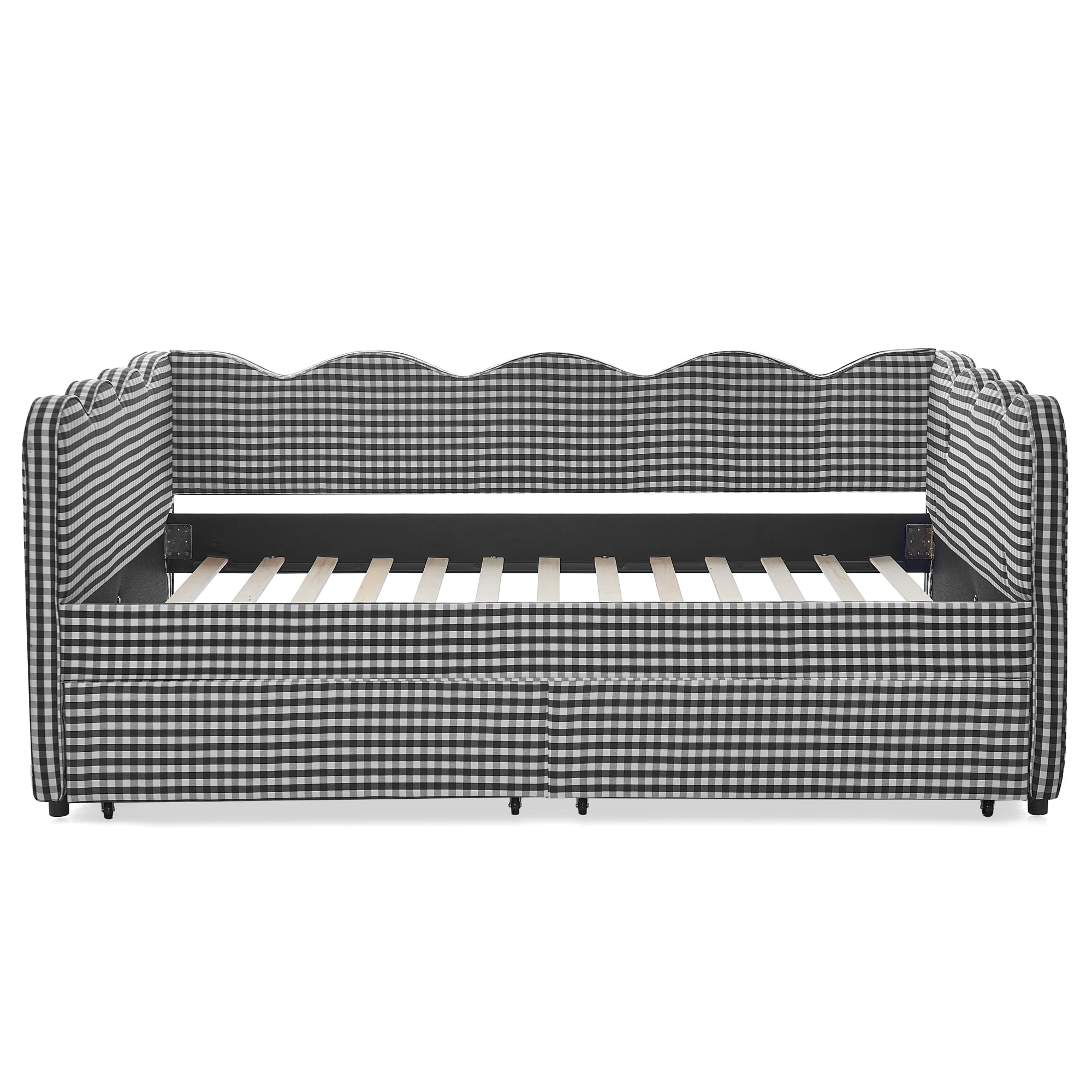 Full Size Daybed with Storage Drawers and USB Port, Upholstered Linen Sofa Bed Frame with Wave Design, Kids Guest Bed for Bedroom Living Room, Black