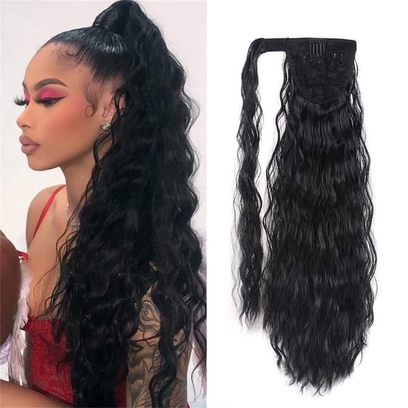 Jademall Messy Bun Hair Piece for Women 22" Long Curly Ponytail Extension Hairband Hair Clip Synthetic Puffy Ponytail Hair Extension Wrapped Bun Women's Wig-Black