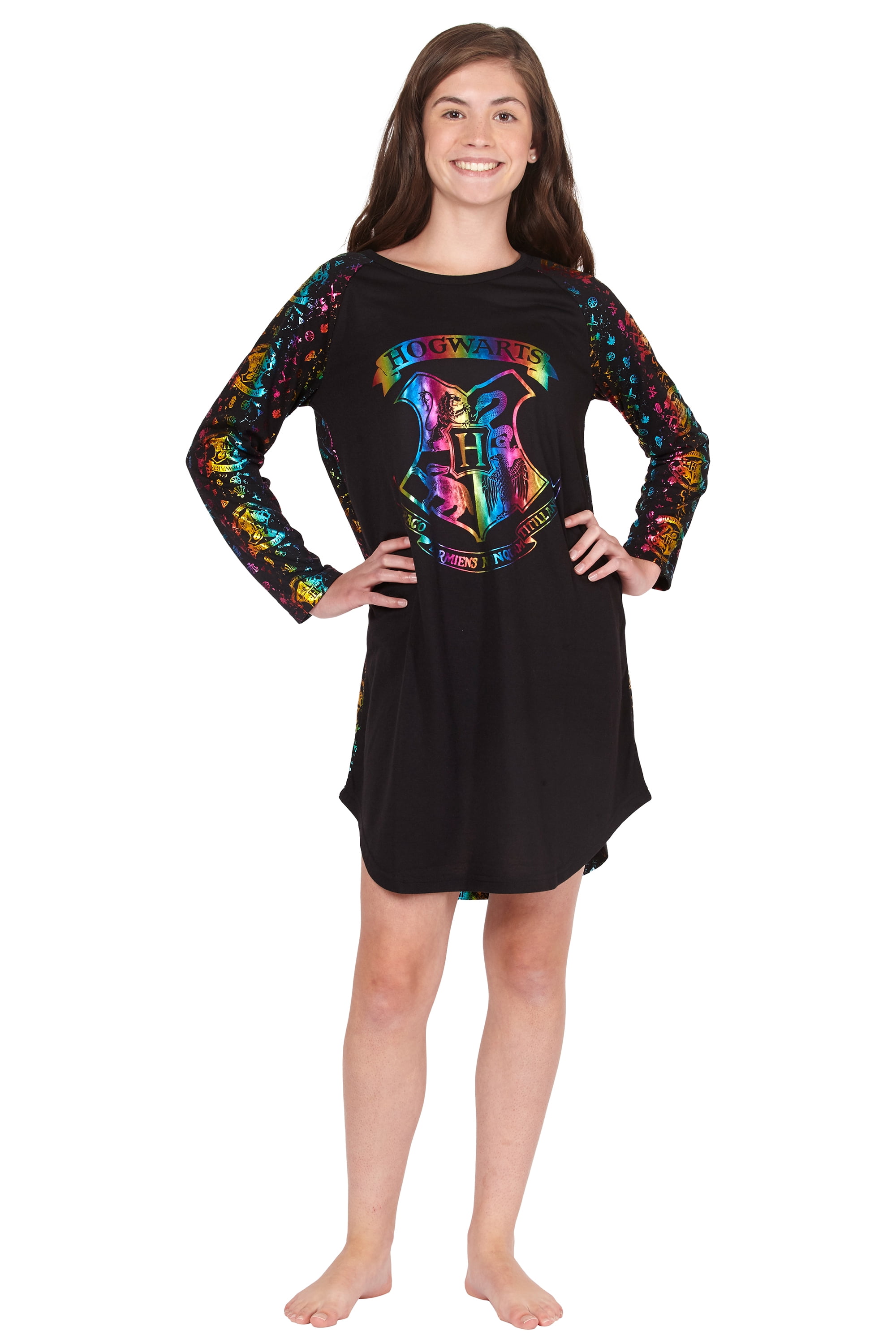 Harry Potter Girls' Hogwarts Rainbow Hologram Print Raglan Long-Sleeve Nightgown Pajama