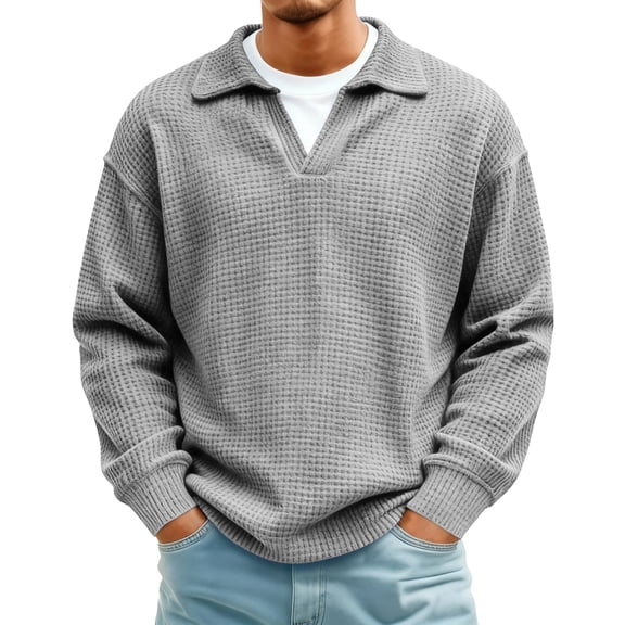 Dresfit Quarter Zip Pullover for Men Mock Neck Waffle Sweater Spring 2026 Big and Tall Lapel Sweatshirt with Pockets Zipper Patchwork Half Zip Sweatshirts Gray S